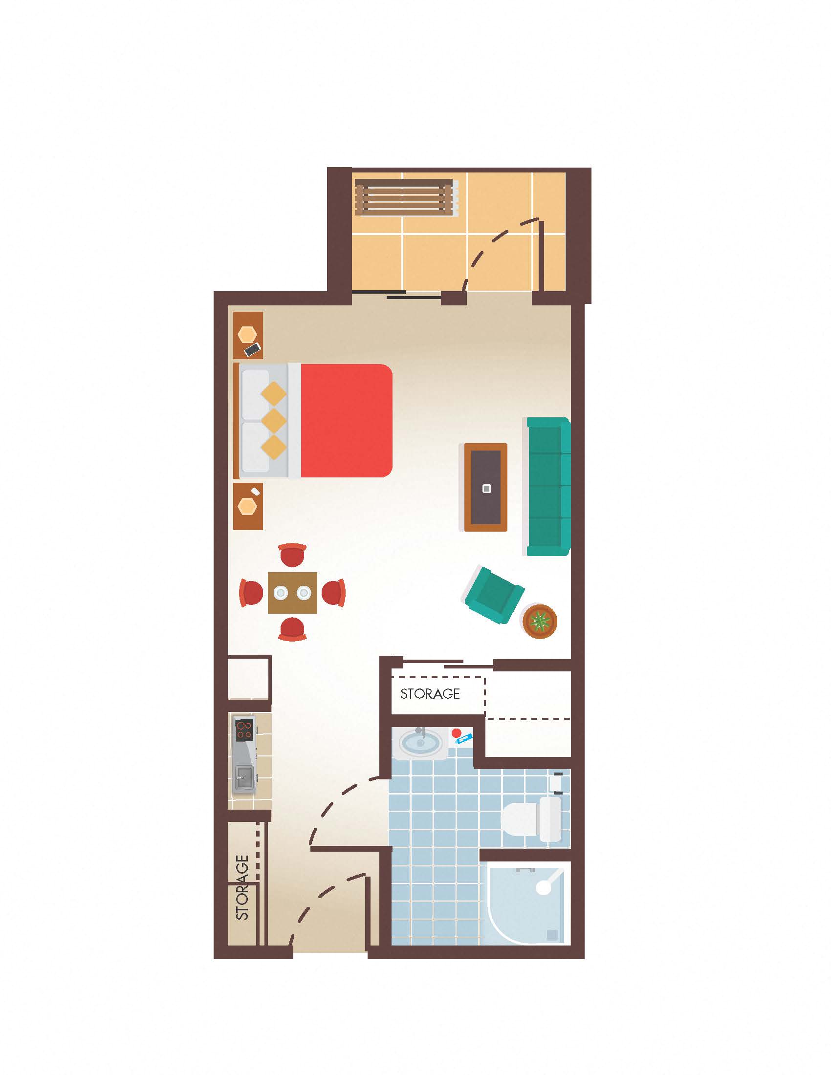 Floor plan for studio, 1 bath, 390 sqft